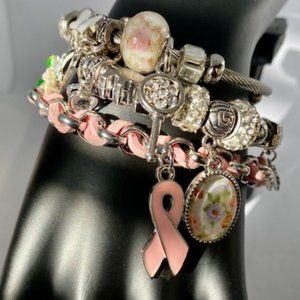 3 Silver Charm Bracelets with Cancer Awareness